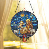 Nativity Stained Glass Suncatcher, Round Holy Family with Baby Jesus and Starry Night Window Panel, Christian Christmas Home Decor Gift