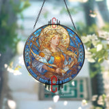 Goddess Stained Glass Suncatcher, Round Mythological Woman with Bow and Arrows Window Panel, Fantasy Art Nouveau Home Decor Gift