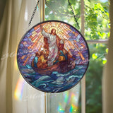 Axolotl Stained Glass Suncatcher, Round Pink Salamander Window Panel with Blue Water Plants, Unique Aquatic Animal Home Decor Gift