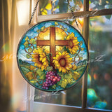 Sunflower Cross Stained Glass Suncatcher, Round Christian Window Panel with Grapes, Faith Religious Window Hanging