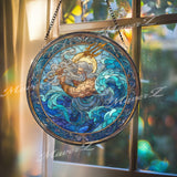 Poseidon Stained Glass Suncatcher, Round Greek God of Sea Window Panel with Trident and Waves, Mythology Ocean Home Decor
