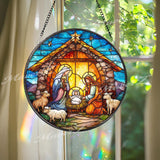 Skeleton Stained Glass Suncatcher, Round Gothic Skeleton with Flowers and Candle Window Hanging, Dark Fantasy Home Decor