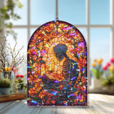 Skeleton Acrylic Suncatcher, Gothic Reading Skeleton with Candles and Flowers, Spooky Window Hanging, Halloween Home Decor