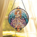 Stained Glass Angel Suncatcher Round Panel, Colorful Guardian Angel Window Hanging, Spiritual Home Decor, Inspirational Gift for Loved Ones