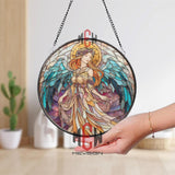 Stained Glass Angel Suncatcher Round Panel, Colorful Guardian Angel Window Hanging, Spiritual Home Decor, Inspirational Gift for Loved Ones