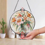 Stained Glass Lily Suncatcher Round Floral Panel, Elegant Flower Bouquet Window Hanging, Colorful Garden Art Home Decor Gift
