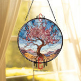 Cherry Blossom Tree Stained Glass Suncatcher, Round Spring Window Panel, Pink Flower Glass Art Decor for Nature and Garden Lovers