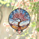 Cherry Blossom Tree Stained Glass Suncatcher, Round Spring Window Panel, Pink Flower Glass Art Decor for Nature and Garden Lovers