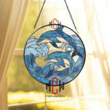 Dolphin Stained Glass Suncatcher, Round Ocean Wave Window Panel, Blue Marine Life Glass Art Decor for Sea and Beach Lovers