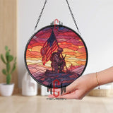 Kneeling Soldier Stained Glass Suncatcher, Round Patriotic Window Panel with American Flag and Sunset, Military Memorial Home Decor