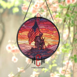 Kneeling Soldier Stained Glass Suncatcher, Round Patriotic Window Panel with American Flag and Sunset, Military Memorial Home Decor