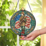 WWI Soldier Stained Glass Suncatcher, Round Patriotic Window Panel with American Flag, Military Memorial Tribute Home Decor Gift