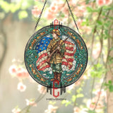 WWI Soldier Stained Glass Suncatcher, Round Patriotic Window Panel with American Flag, Military Memorial Tribute Home Decor Gift