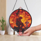 Fallen Soldier Stained Glass Suncatcher, Round Patriotic Window Panel with Cross and American Flag, Military Memorial Home Decor Gift