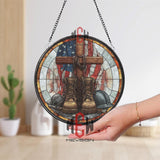 Military Boots Cross Stained Glass Suncatcher, Round Patriotic Window Panel with American Flag, Memorial Tribute Home Decor Gift