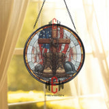 Military Boots Cross Stained Glass Suncatcher, Round Patriotic Window Panel with American Flag, Memorial Tribute Home Decor Gift