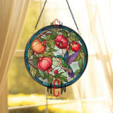 Hummingbird Stained Glass Suncatcher, Round Window Panel with Pomegranates and Leaves, Colorful Nature Inspired Home Decor Gift