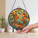 Orange Tree Stained Glass Suncatcher, Round Window Panel with Branches and Leaves, Colorful Fruit Inspired Kitchen Garden Home Decor Gift