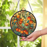Orange Tree Stained Glass Suncatcher, Round Window Panel with Branches and Leaves, Colorful Fruit Inspired Kitchen Garden Home Decor Gift