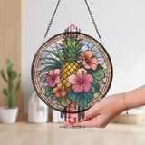 Pineapple Stained Glass Suncatcher, Round Tropical Window Panel with Pink Hibiscus Flowers, Colorful Kitchen Garden Beach Home Decor Gift