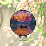 Fishing Sunset Stained Glass Suncatcher, Round Lake and Mountain Window Panel with Silhouette Boat, Outdoor Nature Home Decor Gift