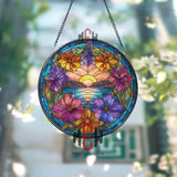 Sunset Stained Glass Suncatcher, Round Ocean Landscape with Colorful Flowers and Mountains, Vibrant Window Panel Nature Home Decor Gift