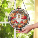 Mushroom Wreath Stained Glass Suncatcher, Round Autumn Window Panel with Red Mushrooms, Leaves and Lantern, Woodland Nature Home Decor