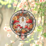 Mushroom Wreath Stained Glass Suncatcher, Round Autumn Window Panel with Red Mushrooms, Leaves and Lantern, Woodland Nature Home Decor