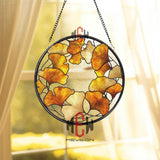 Ginkgo Leaf Stained Glass Suncatcher, Round Autumn Window Hanging with Golden Leaves, Botanical Nature Inspired Home Decor Gift