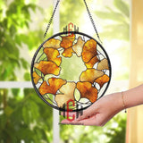 Ginkgo Leaf Stained Glass Suncatcher, Round Autumn Window Hanging with Golden Leaves, Botanical Nature Inspired Home Decor Gift