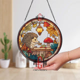Hedgehog Stained Glass Suncatcher, Round Autumn Woodland Window Panel with Lantern and Mushrooms, Cute Animal Nature Home Decor Gift