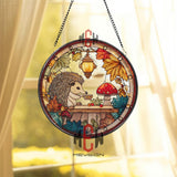 Hedgehog Stained Glass Suncatcher, Round Autumn Woodland Window Panel with Lantern and Mushrooms, Cute Animal Nature Home Decor Gift