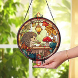Hedgehog Stained Glass Suncatcher, Round Autumn Woodland Window Panel with Lantern and Mushrooms, Cute Animal Nature Home Decor Gift