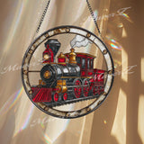 Train Stained Glass Suncatcher, Round Vintage Steam Locomotive Window Panel, Retro Railroad Glass Art Hanging Home Decor