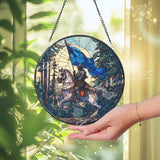 Knight on Horse Stained Glass Suncatcher, Round Medieval Warrior Window Panel with Blue Flag, Fantasy Castle Glass Art Decor