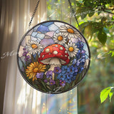 Mushroom Floral Stained Glass Suncatcher, Round Toadstool with Daisies and Wildflowers Window Panel, Cottagecore Nature Glass Decor