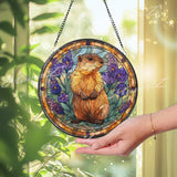 Groundhog Stained Glass Suncatcher, Round Prairie Dog Window Panel with Purple Flowers, Woodland Nature Glass Art Decor
