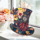Mad Hatter Hat Acrylic Suncatcher, Stained Glass Style Alice in Wonderland Window Hanging, Fantasy Rose Butterfly Clock Home Decor Gift