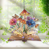 Book Acrylic Suncatcher with Mushrooms and Butterflies, Stained Glass Style Floral Fantasy Window Hanging