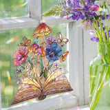 Book Acrylic Suncatcher with Mushrooms and Butterflies, Stained Glass Style Floral Fantasy Window Hanging