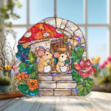 Mouse House Acrylic Suncatcher, Stained Glass Style Mice with Mushroom Cottage and Flowers Window Hanging, Whimsical Woodland Decor Gift