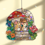 Mouse House Acrylic Suncatcher, Stained Glass Style Mice with Mushroom Cottage and Flowers Window Hanging, Whimsical Woodland Decor Gift