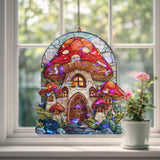 Mushroom House Acrylic Suncatcher, Stained Glass Style Fairy Cottage with Windows Window Hanging, Whimsical Woodland Fantasy Decor Gift