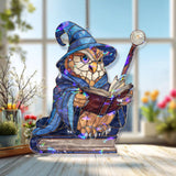 Wizard Owl Acrylic Suncatcher, Stained Glass Style Magical Owl with Book and Staff Window Hanging, Fantasy Reading Lover Gift Decor