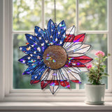 American Flag Sunflower Acrylic Suncatcher, Stained Glass Style Patriotic Flower Window Hanging, USA Pride Veteran Home Decor Gift