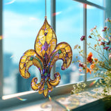 Fleur de Lis Acrylic Suncatcher, Elegant Yellow and Purple Window Hanging Panel, French Symbol Decorative Wall Art Home Decor Gift