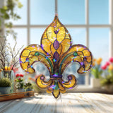 Fleur de Lis Acrylic Suncatcher, Elegant Yellow and Purple Window Hanging Panel, French Symbol Decorative Wall Art Home Decor Gift