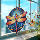 Dragonfly Acrylic Suncatcher, Round Blue and Orange Window Hanging Panel, Colorful Stained Glass Style Nature Inspired Home Decor Gift