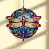 Dragonfly Acrylic Suncatcher, Round Blue and Orange Window Hanging Panel, Colorful Stained Glass Style Nature Inspired Home Decor Gift
