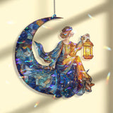 Moon Lady Acrylic Suncatcher, Stained Glass Style Celestial Woman with Lantern Window Hanging, Mystical Night Sky Home Decor Gift